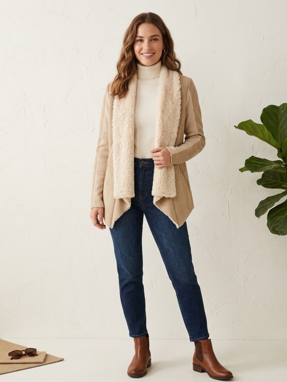 INC International Concepts Faux-Suede & Sherpa cardigan sweater Small